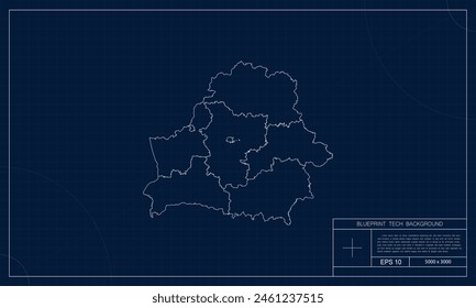 Belarus Map with Blueprint Tech Style Background.