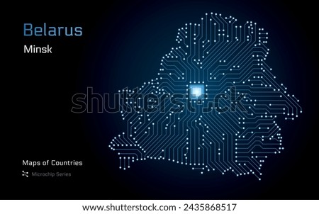 Belarus Map with a capital of Minsk Shown in a Microchip Pattern. E-government. World Countries vector maps. Microchip Series	