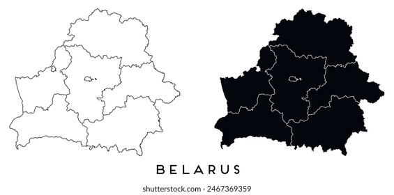 Bielorrusia mapa de las regiones de la ciudad distritos Vector negro sobre blanco y contorno