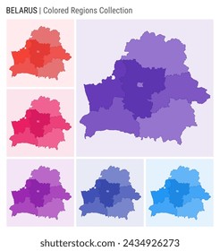 Belarus map collection. Country shape with colored regions. Deep purple, red, pink, purple, indigo, blue color palettes. Border of Belarus with provinces for your infographic. Vector illustration.