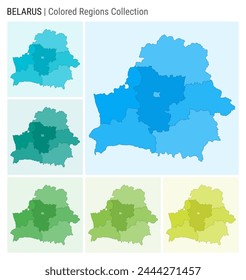 Belarus map collection. Country shape with colored regions. Light Blue, Cyan, Teal, Green, Light Green, Lime color palettes. Border of Belarus with provinces for your infographic. Vector illustration.
