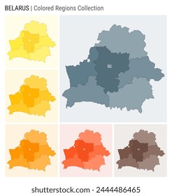 Belarus map collection. Country shape with colored regions. Blue, Grey, Yellow, Amber, Orange, Deep Orange, Brown color palettes. Border of Belarus with provinces for your infographic.