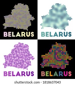 Belarus map. Collection of maps of Belarus in dotted style. Borders of the country filled with rectangles for your design. Vector illustration.