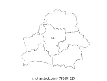 belarus map with country borders, thin black outline on white background. High detailed vector map with counties/regions/states - belarus. contour, shape, outline, on white.