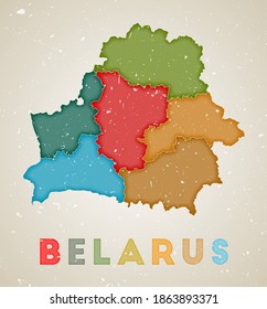 Belarus map. Country poster with colored regions. Old grunge texture. Vector illustration of Belarus with country name.