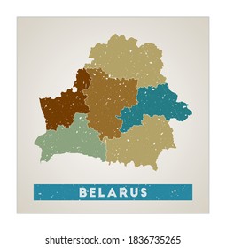 Belarus map. Country poster with regions. Old grunge texture. Shape of Belarus with country name. Astonishing vector illustration.