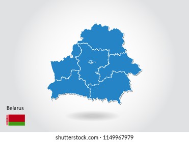 belarus map design with 3D style. Blue belarus map and National flag. Simple vector map with contour, shape, outline, on white.