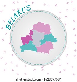 Belarus map design. Map of the country with regions in emerald-amethyst color palette. Rounded travel to Belarus poster with country name and airplanes background. Astonishing vector illustration.