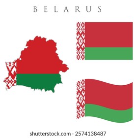 Belarus map with flag embeded inside with 2 Belarus flags wavy flag and rectangular flag vector illustration