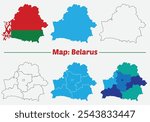 Belarus Map Flag, Vector silhouette map of belarus, Krychaw district outline map set belarus.