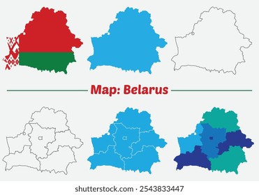 Bielorrusia Mapa Bandera, Vector silueta mapa de bielorrusia, distrito de Krychaw esquema mapa conjunto bielorrusia.