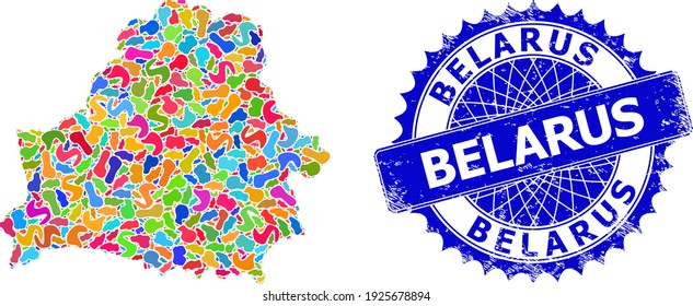 Belarus map flat illustration. Spot collage Belarus map and rubber stamp. Sharp rosette blue stamp seal with caption and Belarus map.