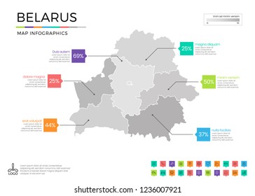 Belarus map infographics with editable separated layers, zones, elements and district area in vector