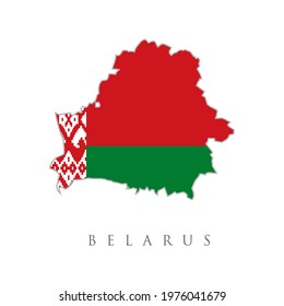 Belarus map. National Belarus flag. White background. Belarus flag map. The flag of the country in the form of borders. Flag Map of Belarus.