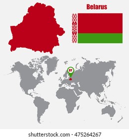 Belarus map on a world map with flag and map pointer. Vector illustration