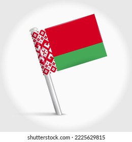 Icono de la bandera del alfiler de mapa de Bielorrusia. Marcador de mapa bielorruso sobre una aguja de metal. Ilustración vectorial 3D realista.