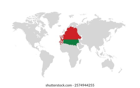 Belarus and map placed over a world map, symbolizing the country's global presence and geographic significance