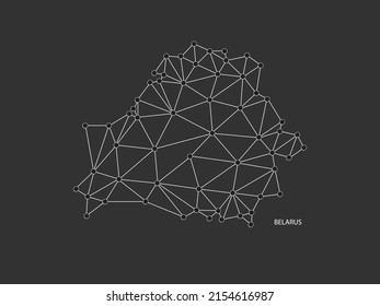Belarus Map Point scales on black background. Wire frame polygonal network white line, dot and shadow dot.