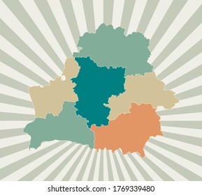 Belarus map. Poster with map of the country in retro color palette. Shape of Belarus with sunburst rays background. Vector illustration.