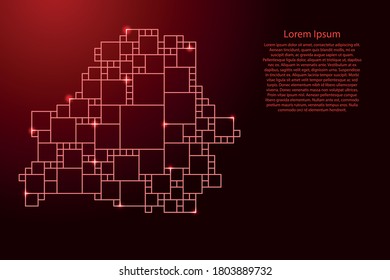 Belarus map from red pattern from a grid of squares of different sizes and glowing space stars. Vector illustration.