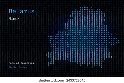 Belarus Map Shown in Binary Code Pattern. Matrix numbers, zero, one. World Countries Vector Maps. Digital Series