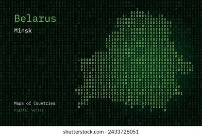 Mapa de Bielorrusia mostrado en el patrón de código binario. Números de matriz, cero, uno. Mapas vectoriales de países del mundo. Serie Digital