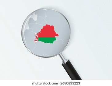 Mapa de Bielorrusia bajo lupa con superposición de bandera nacional. La Imagen representa el enfoque geográfico, la identidad nacional y la exploración.