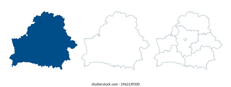 Belarus map vector. High detailed vector outline, blue silhouette and administrative divisions map of Belarus. All isolated on white background. Template for website, design, cover, infographics