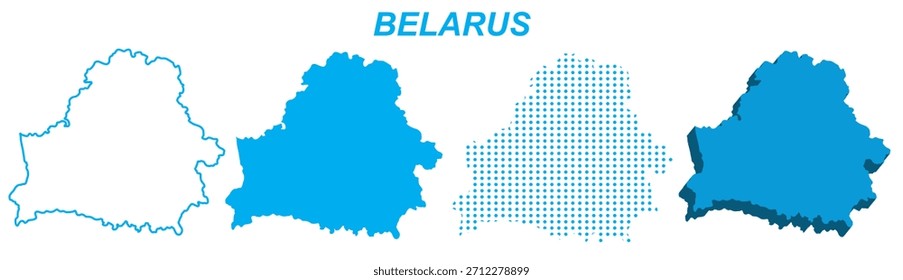 Conjunto de vetores de mapas de Belarus, Silhueta Europeia Contorno Pontilhado 3D Formas Sólidas, Bielorrússia Country Infographic Template, Editável EPS Belarus Geografia