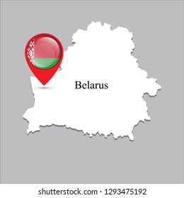 Belarus map with white shadow and country name on the map. Check-in point with a national flag on a gray background.