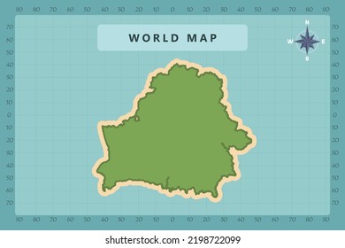 Mapa de Bielorrusia - Mapa Mundial Plantilla vectorial Internacional Alto detallado con color verde y crema aislado en fondo azul incluyendo icono de la rosa de la brújula - Ilustración vectorial eps 10