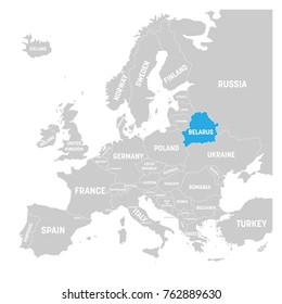 Belarus marked by blue in grey political map of Europe. Vector illustration.