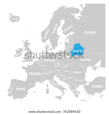 Belarus marked by blue in grey political map of Europe. Vector illustration.