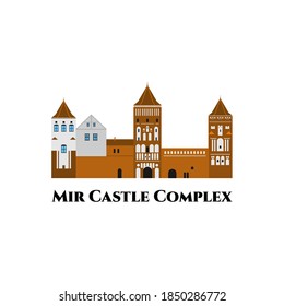 Belarus, Mir Castle Complex flat travel skyline. Historic fortified castle. UNESCO World Heritage site in Belarus. Beautiful place for tourist vacation. Flat cartoon vector illustration