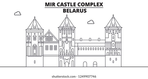 Belarus - Mir Castle Complex travel famous landmark skyline, panorama vector. Belarus - Mir Castle Complex linear illustration