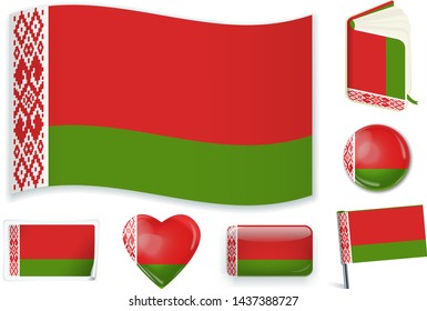 Belarus national flag in wave, book, circle, pin, button, heart and sticker shapes.
