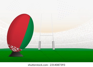 Selección nacional de Bielorrusia lanza una pelota de rugby en el estadio de rugby y postes de gol, preparándose para un penal o patada libre. Ilustración vectorial.