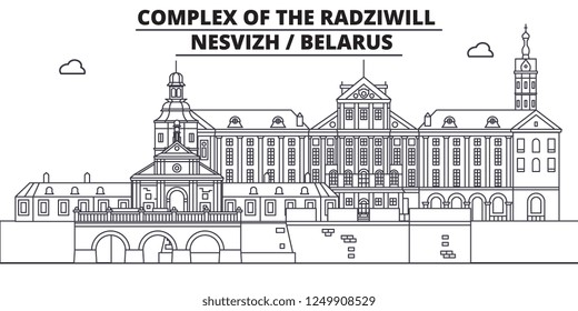 Belarus - Nesvizh, Radziwill travel famous landmark skyline, panorama, vector. Belarus - Nesvizh, Radziwill linear illustration