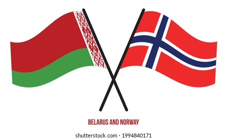 Weißrussland und Norwegen Flaggen überquert und schwingen Flat Style. Offizieller Anteil. Korrigieren Sie Farben.
