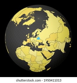 Belarus on dark globe with yellow world map. Country highlighted with blue color. Satellite world projection centered to Belarus. Superb vector illustration.