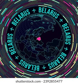 Belarus on globe. Satelite view of the world centered to Belarus. Bright neon style. Futuristic radial bricks background. Cool vector illustration.