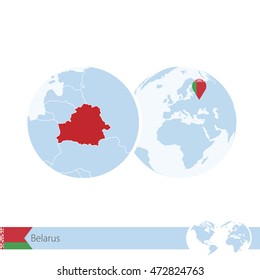 Belarus on world globe with flag and regional map of Belarus. Vector Illustration.