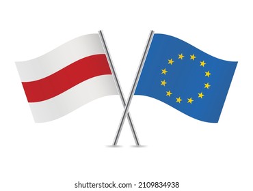 Belarus opposition and European Union flags. Belarusian opposition and EU flags, isolated on white background. Vector illustration.