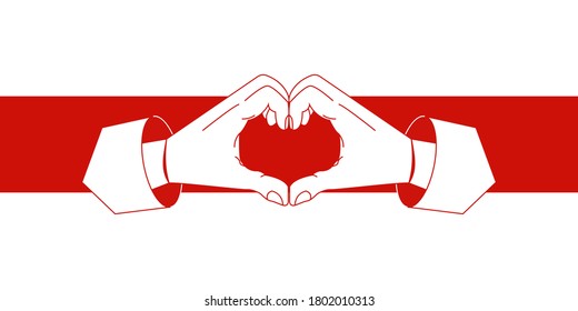 Belarus opposition flag with heart symbols vector illustration.Hands forming heart sign in red and white opposition flag colors. Protests in Belarus. Revolution symbols. Protest against Lukashenko.