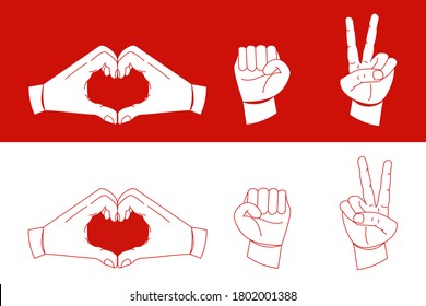 Belarus opposition symbols vector illustration. Heart, fist and victory hand gestures in red and white opposition flag colors. Protests in Belarus. Revolution symbols. Protest against Lukashenko.