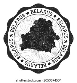 Belarus outdoor stamp. Round sticker with map of country with topographic isolines. Vector illustration. Can be used as insignia, logotype, label, sticker or badge of the Belarus.