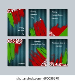 Belarus Patriotic Cards for National Day. Expressive Brush Stroke in Flag Colors on dark striped background. Vector Greeting Card.