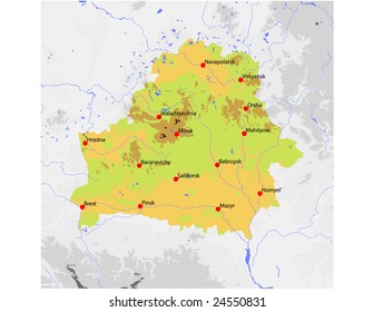 Belarus. Physical vector map, colored according to elevation, with rivers and selected cities. Surrounding territory greyed out. 21 named layers, fully editable. Data source: NASA