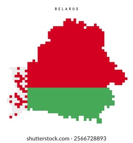 Belarus pixel flag map icon. 8 bit pixel art Belorussian map covered with flag. Flat vector illustration isolated on white background.