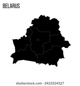 Belarus political map of administrative divisions - regions and one autonomous city. Blank black map and country name title.